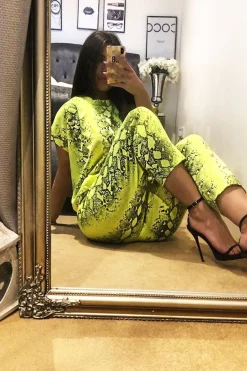 Rebellious Fashion Lime Snake Print Short Sleeve Sweatshirt and Jogger Set - Aaliyan