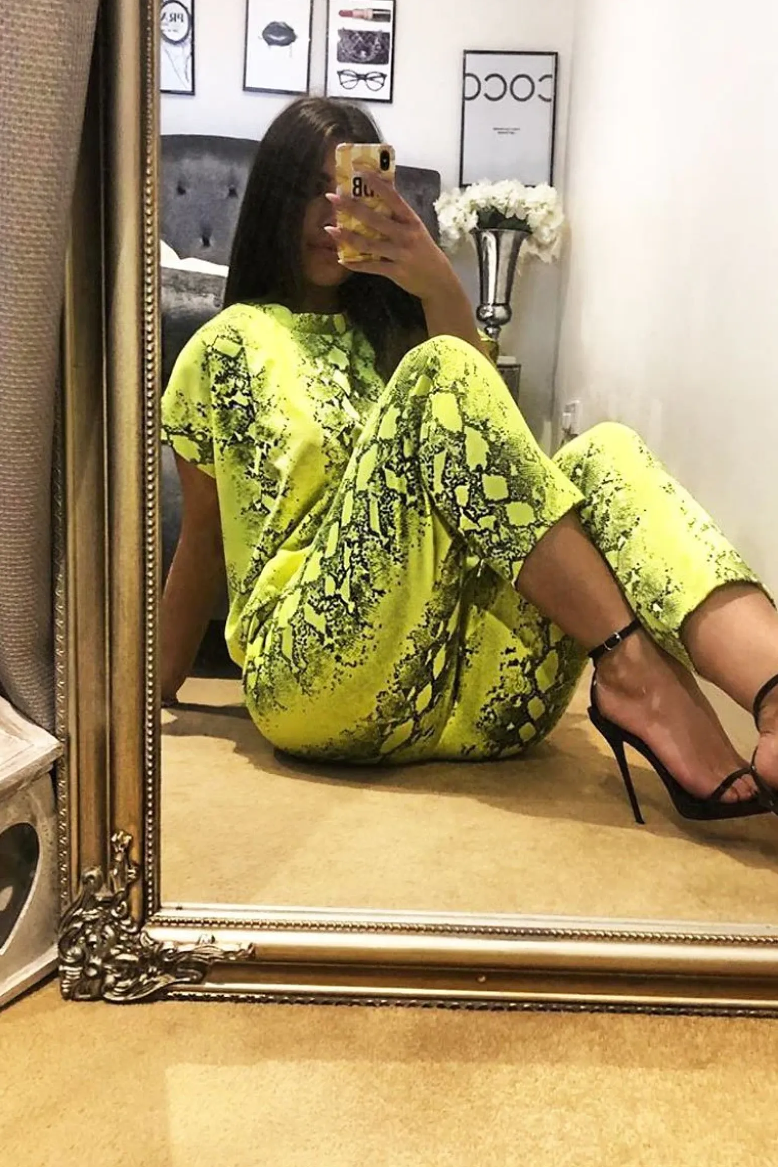Rebellious Fashion Lime Snake Print Short Sleeve Sweatshirt and Jogger Set - Aaliyan