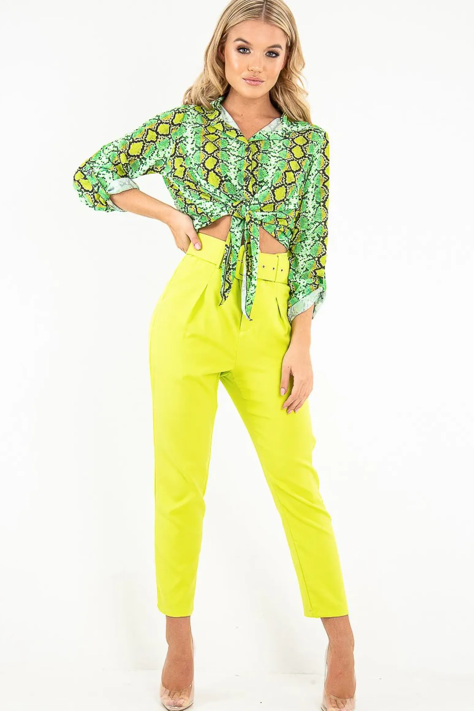 Rebellious Fashion Lime Snake Print Tie Front Shirt - Maisha