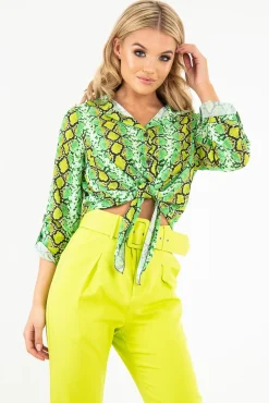Rebellious Fashion Lime Snake Print Tie Front Shirt - Maisha