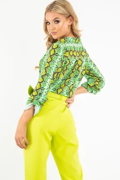 Rebellious Fashion Lime Snake Print Tie Front Shirt - Maisha