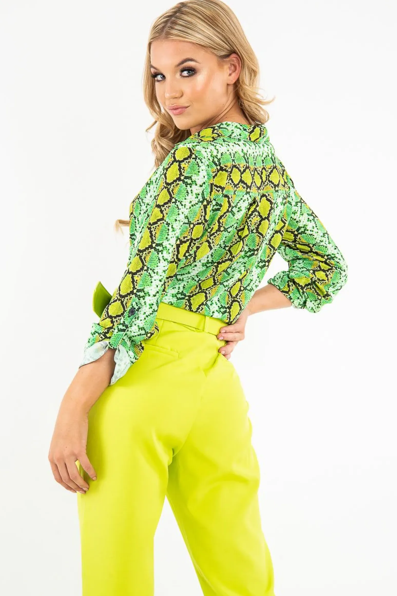 Rebellious Fashion Lime Snake Print Tie Front Shirt - Maisha