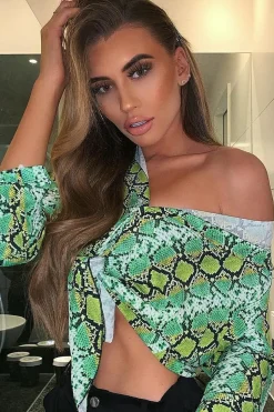 Rebellious Fashion Lime Snake Print Tie Front Shirt - Maisha