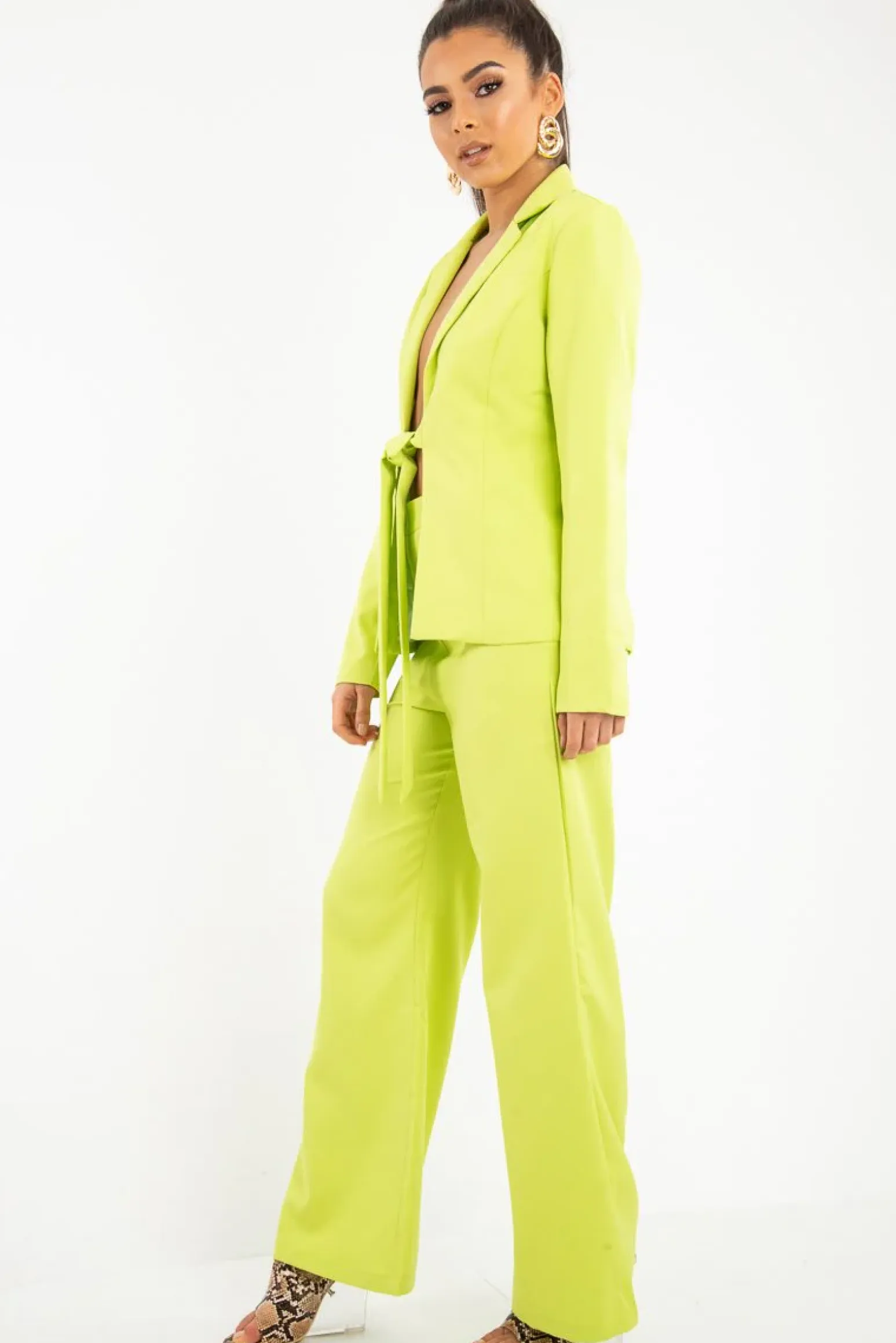 Rebellious Fashion Lime Tie Front Blazer Wide Leg Trouser Co-Ord - Saphira