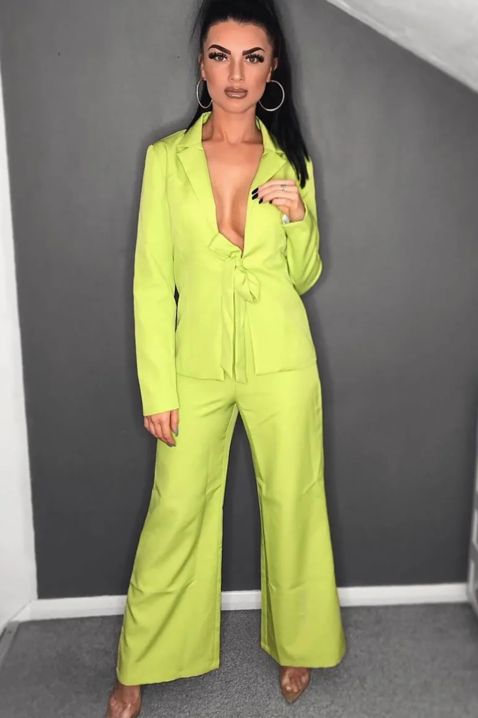 Rebellious Fashion Lime Tie Front Blazer Wide Leg Trouser Co-Ord - Saphira