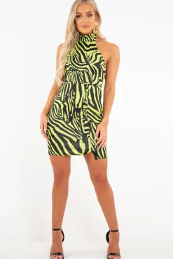 Rebellious Fashion Lime Tiger Print Scuba High Neck Mini Dress - Ellisa