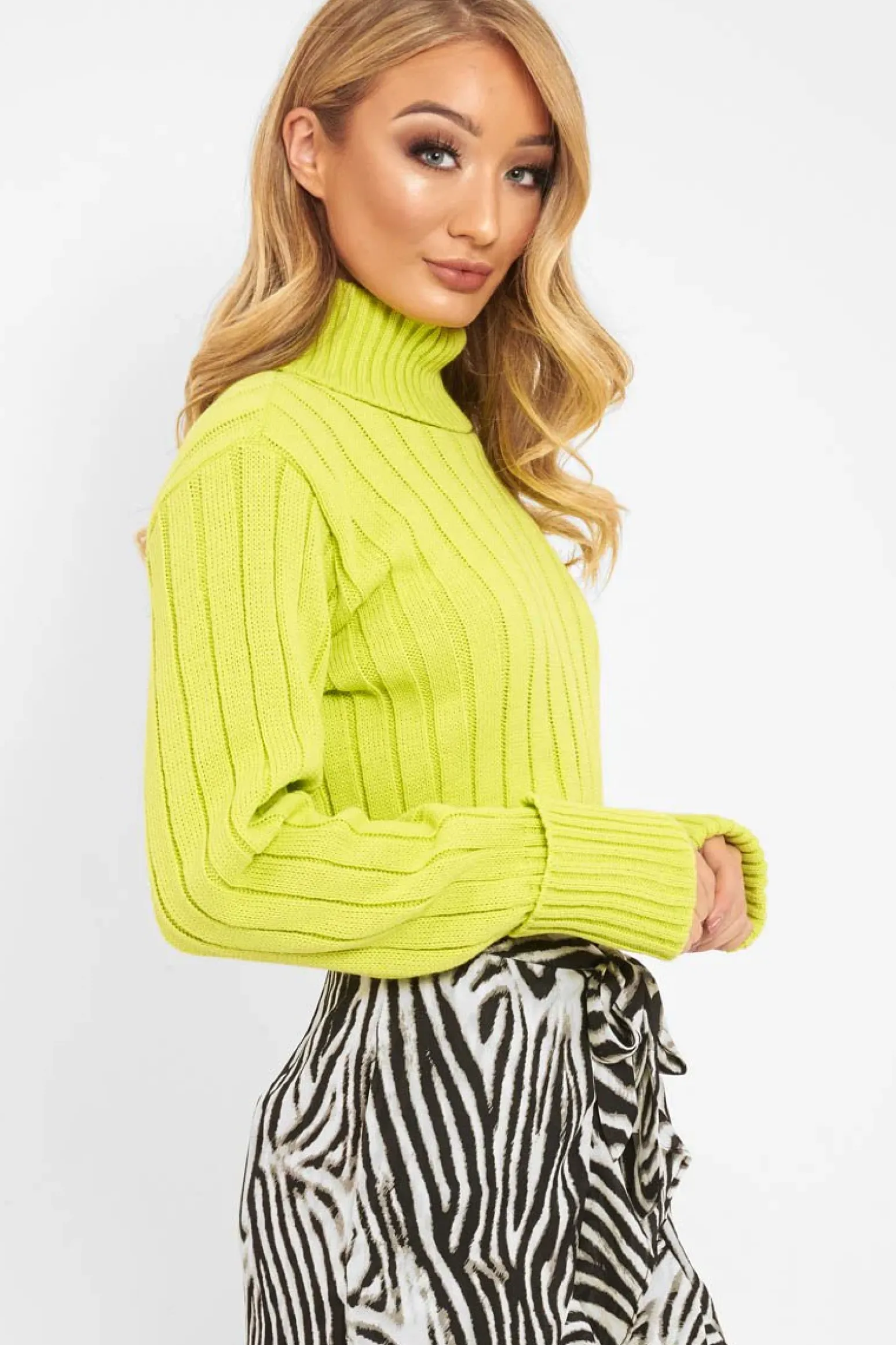 Rebellious Fashion Lime Wide Rib Roll Neck Jumper - Joyanna