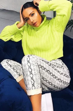 Rebellious Fashion Lime Wide Rib Roll Neck Jumper - Joyanna