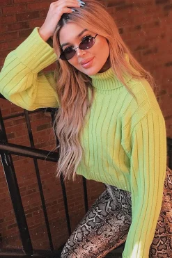 Rebellious Fashion Lime Wide Rib Roll Neck Jumper - Joyanna