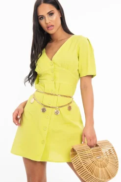 Rebellious Fashion Lime Woven Plunge Button Front Mini Dress - Alyx