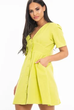 Rebellious Fashion Lime Woven Plunge Button Front Mini Dress - Alyx