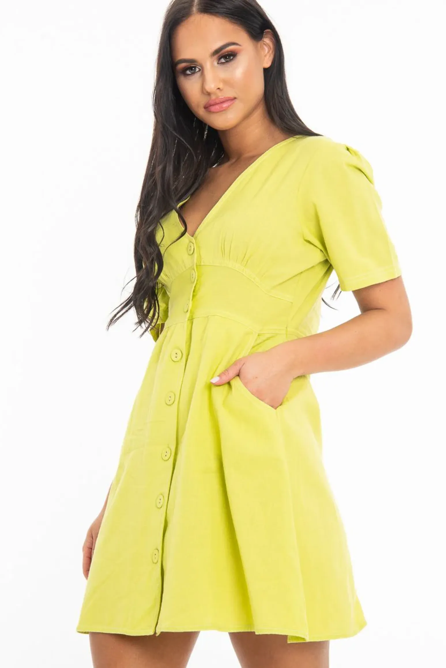 Rebellious Fashion Lime Woven Plunge Button Front Mini Dress - Alyx