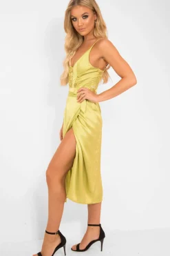 Rebellious Fashion Lime Wrap Tie Side Satin Midi Skirt - Mailah