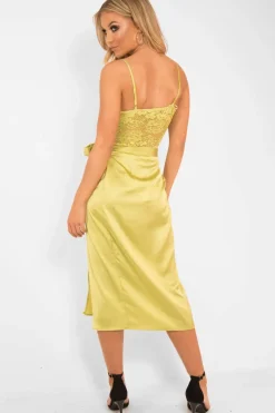 Rebellious Fashion Lime Wrap Tie Side Satin Midi Skirt - Mailah