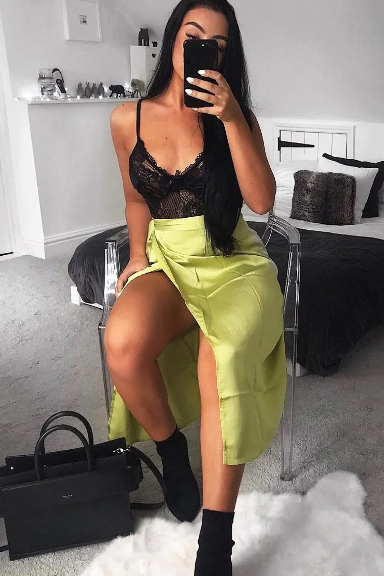 Rebellious Fashion Lime Wrap Tie Side Satin Midi Skirt - Mailah