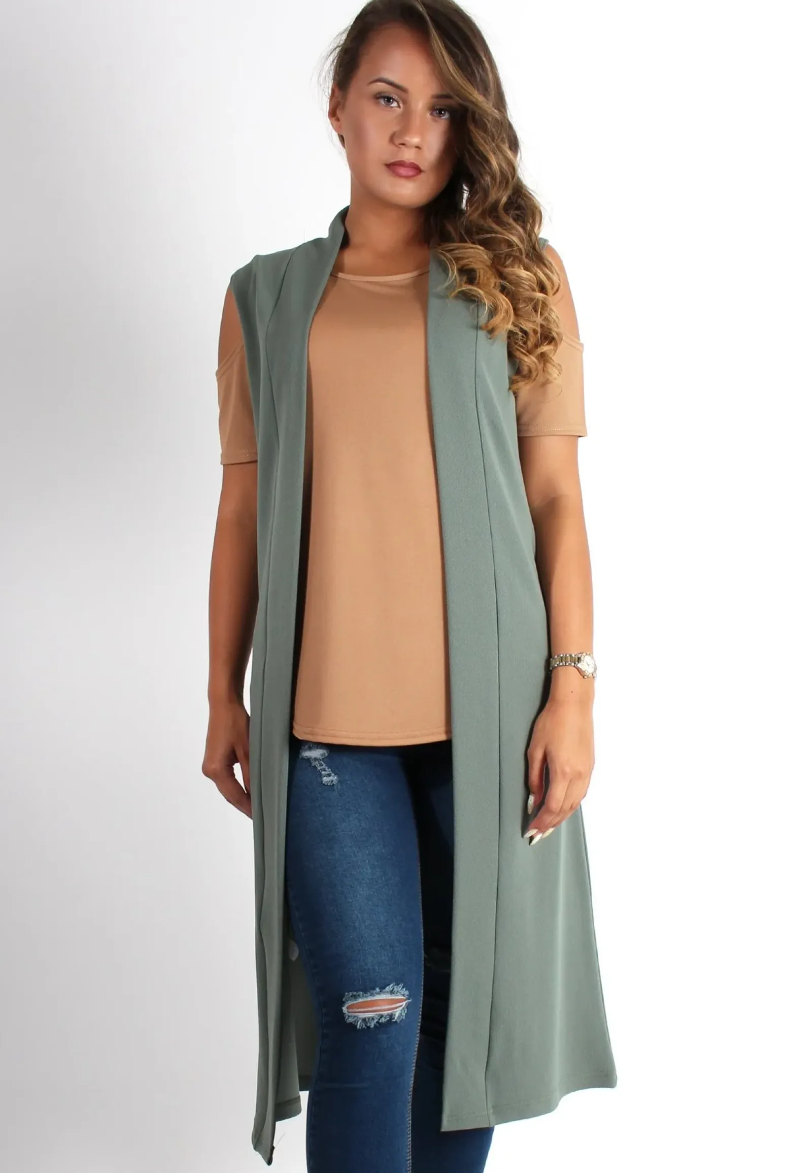 Rebellious Fashion Lindsay Khaki Sleeveless Jacket