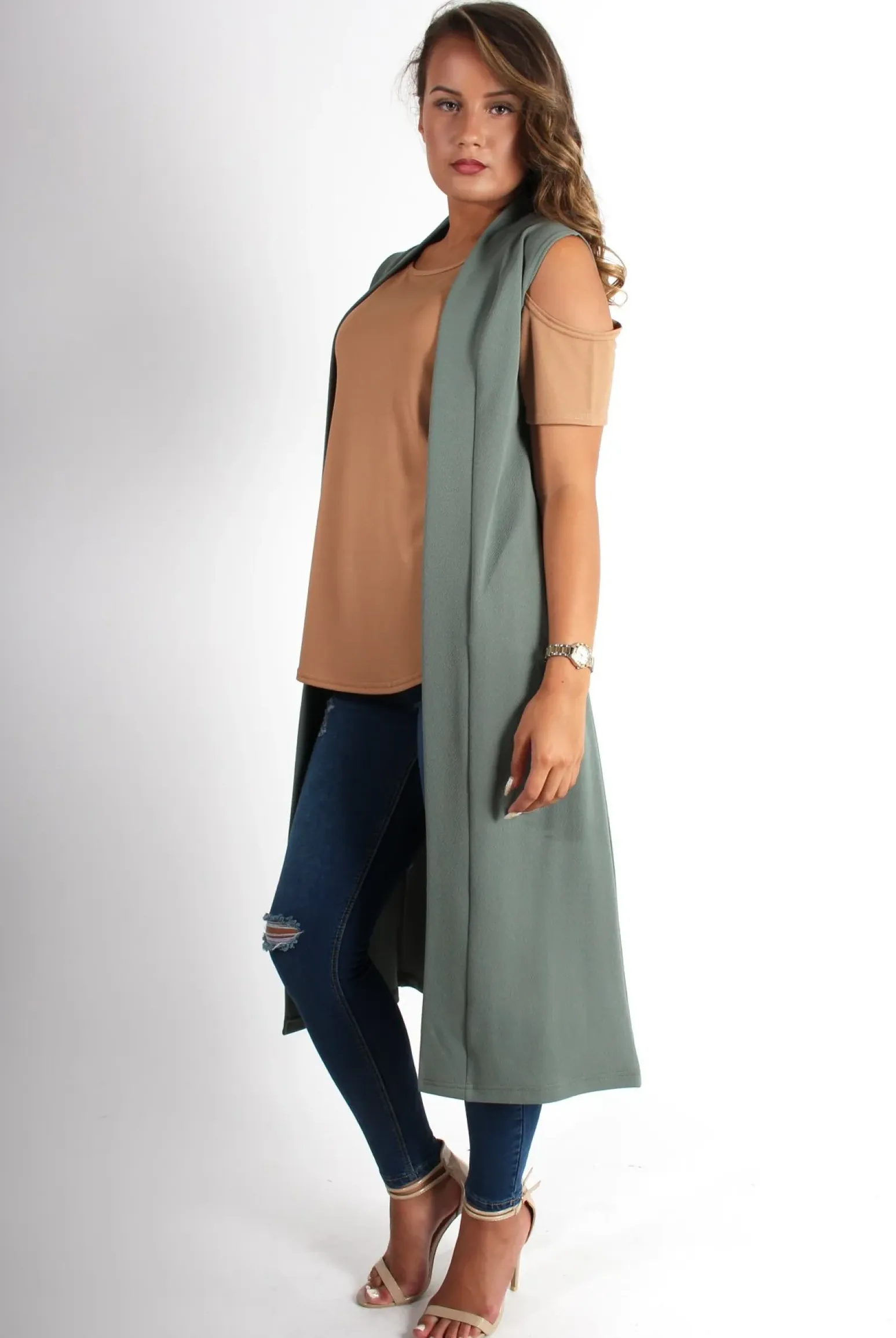 Rebellious Fashion Lindsay Khaki Sleeveless Jacket