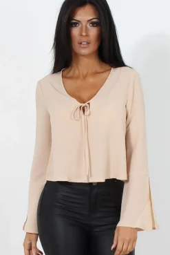 Rebellious Fashion Linn Nude Sleeve Tie Crop Top