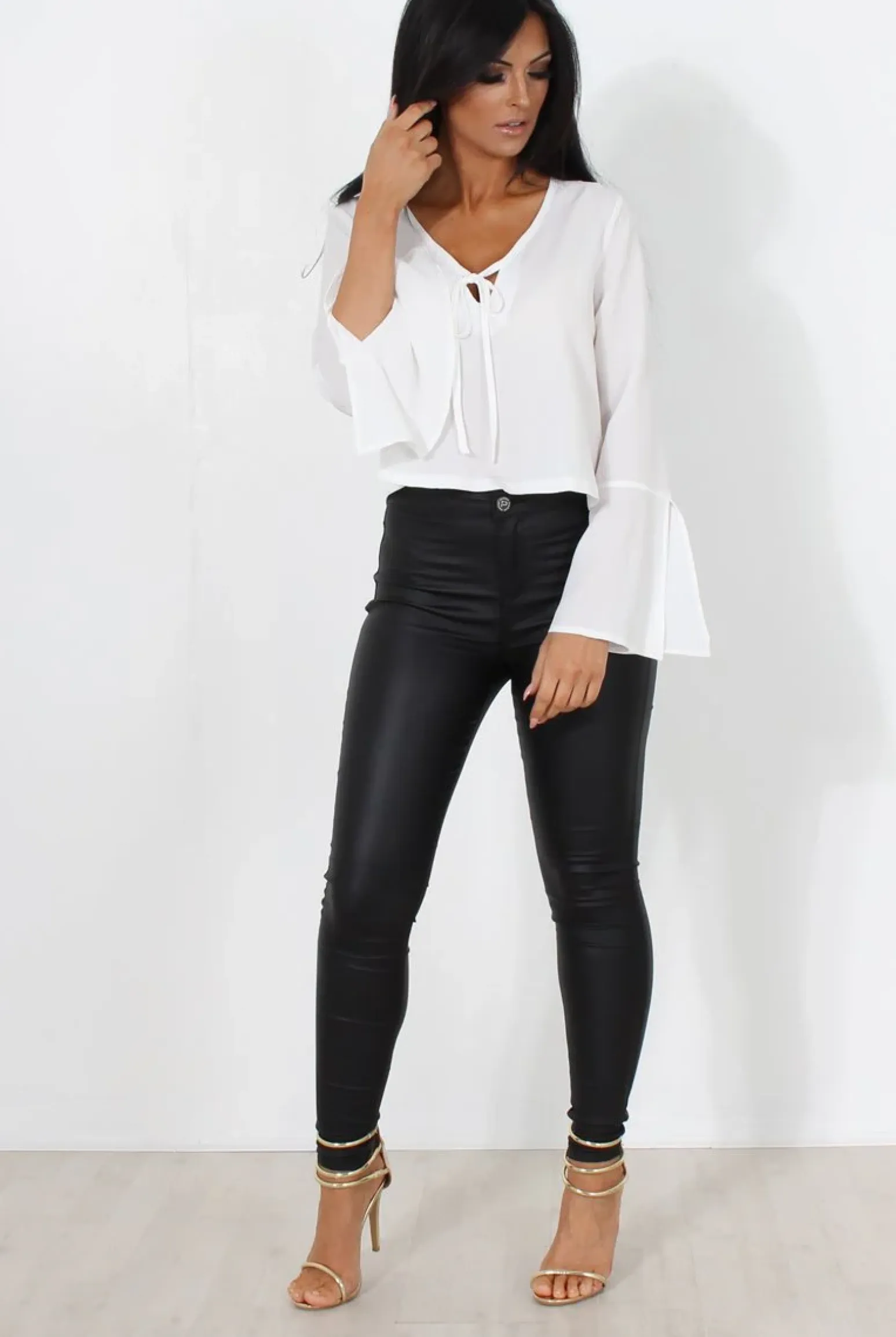Rebellious Fashion Linn White Bell Sleeve Tie Crop Top