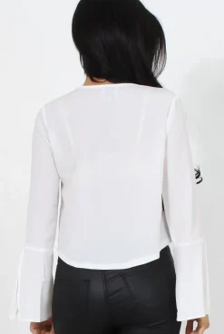Rebellious Fashion Linn White Bell Sleeve Tie Crop Top