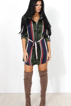 Rebellious Fashion Lizzy Khaki Striped Shirt Dress