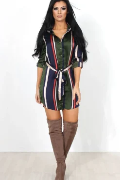 Rebellious Fashion Lizzy Khaki Striped Shirt Dress