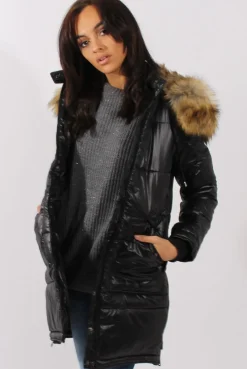 Rebellious Fashion Long Black Quilted Coat with Faux Fur Hood Trim - Charlotte