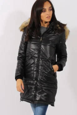 Rebellious Fashion Long Black Quilted Coat with Faux Fur Hood Trim - Charlotte