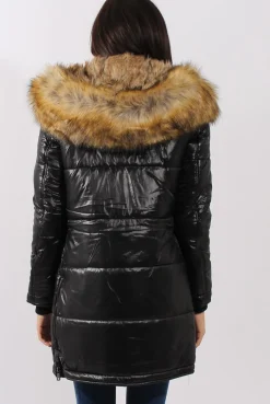 Rebellious Fashion Long Black Quilted Coat with Faux Fur Hood Trim - Charlotte