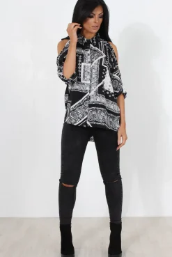 Rebellious Fashion Lori Black Paisley Cold Shoulder Shirt