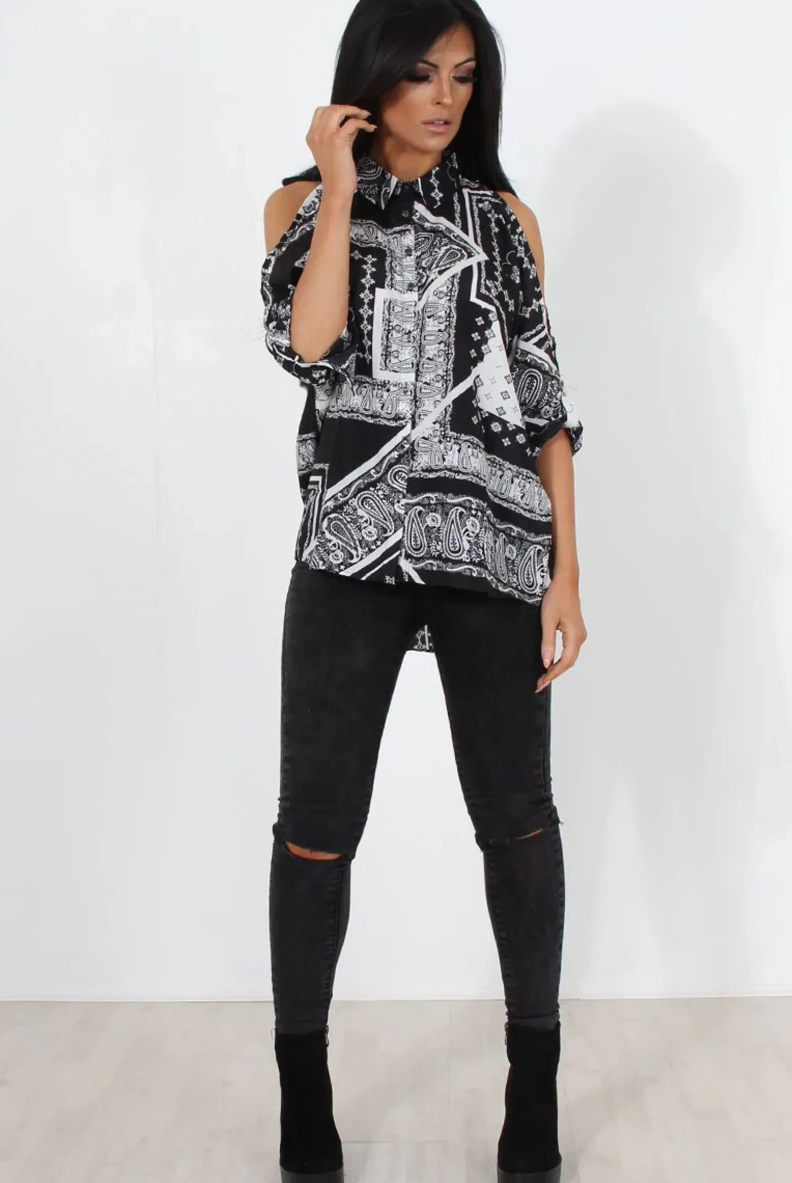 Rebellious Fashion Lori Black Paisley Cold Shoulder Shirt
