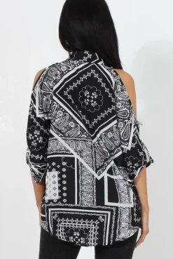 Rebellious Fashion Lori Black Paisley Cold Shoulder Shirt