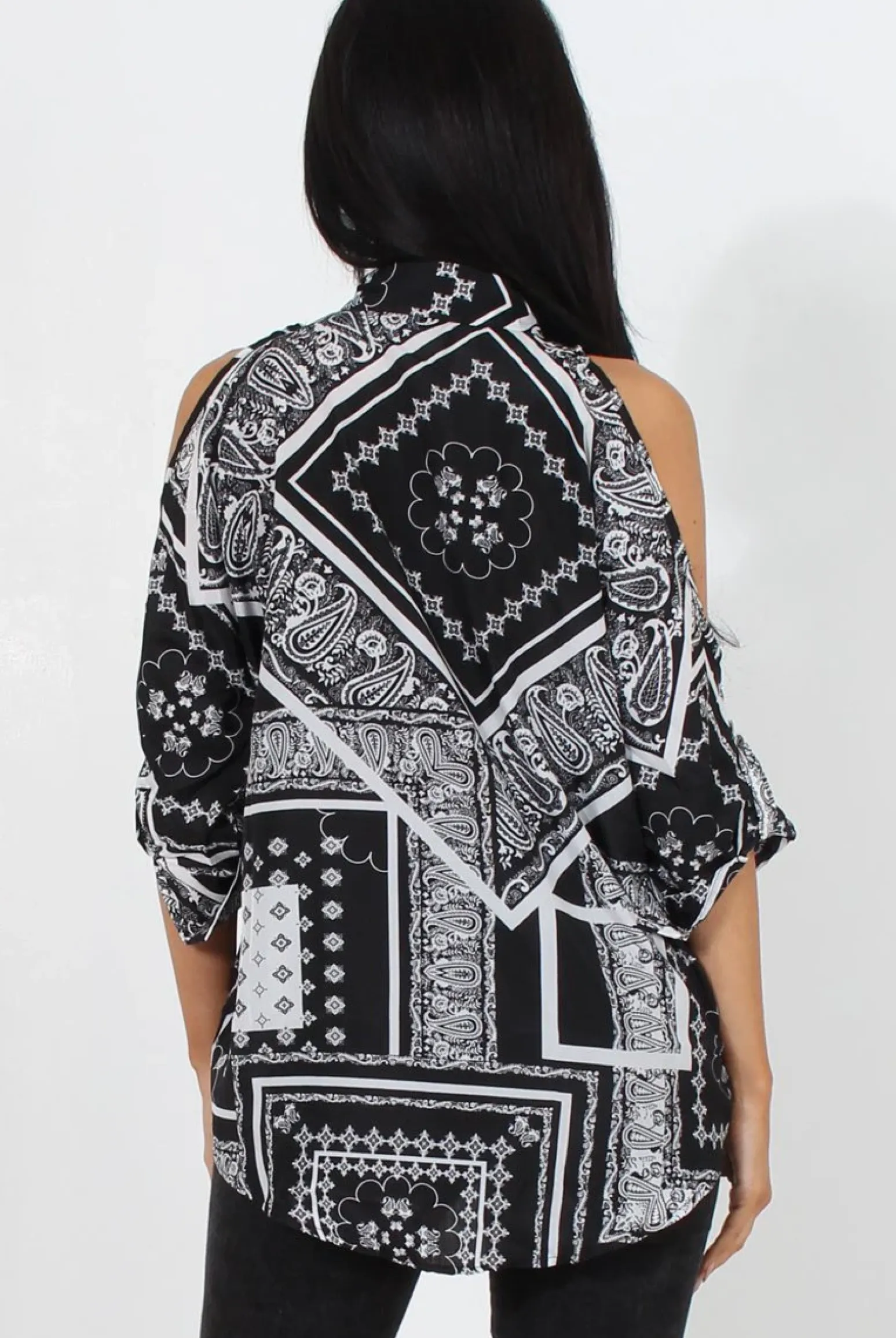 Rebellious Fashion Lori Black Paisley Cold Shoulder Shirt