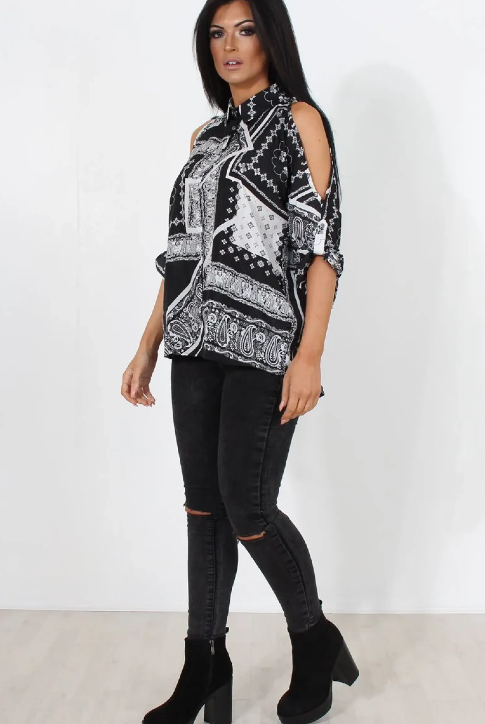 Rebellious Fashion Lori Black Paisley Cold Shoulder Shirt