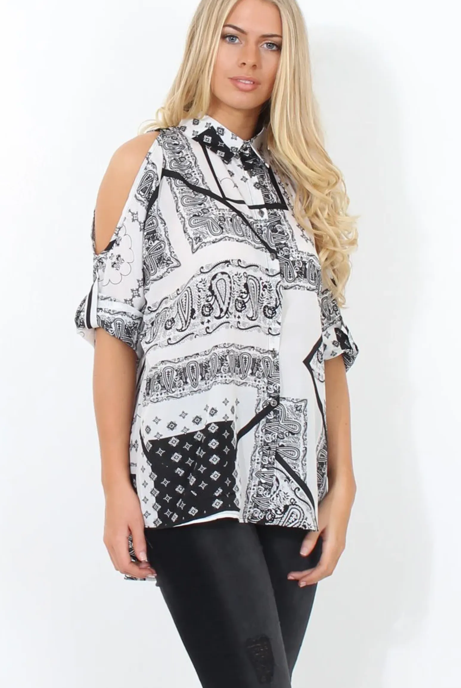 Rebellious Fashion Lori White Paisley Cold Shoulder Shirt