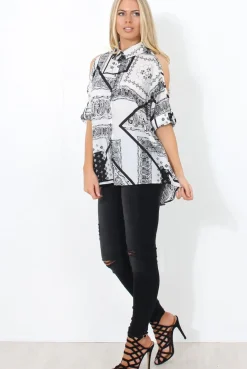 Rebellious Fashion Lori White Paisley Cold Shoulder Shirt