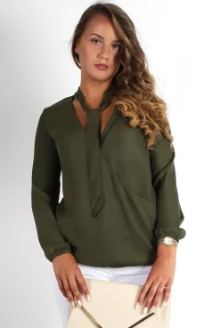 Rebellious Fashion Lottie Khaki V Front Tie Neck Shirt