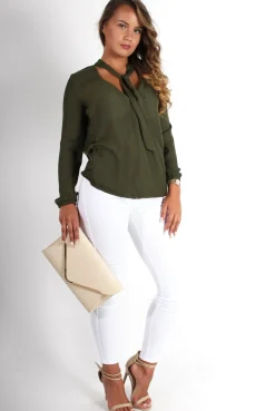 Rebellious Fashion Lottie Khaki V Front Tie Neck Shirt