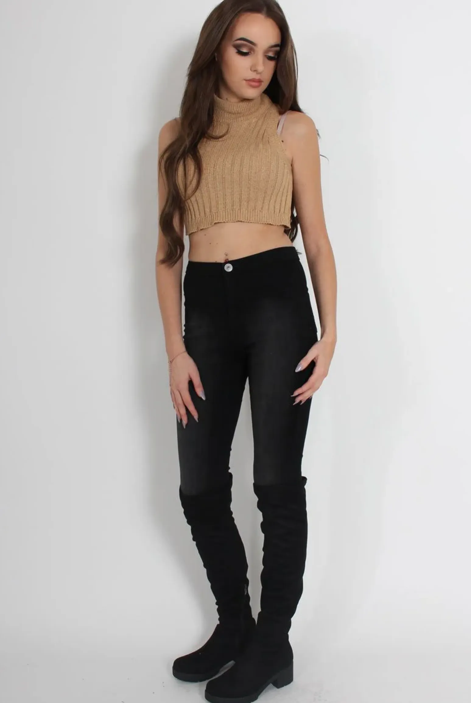 Rebellious Fashion Lucy Beige Knitted High Neck Top