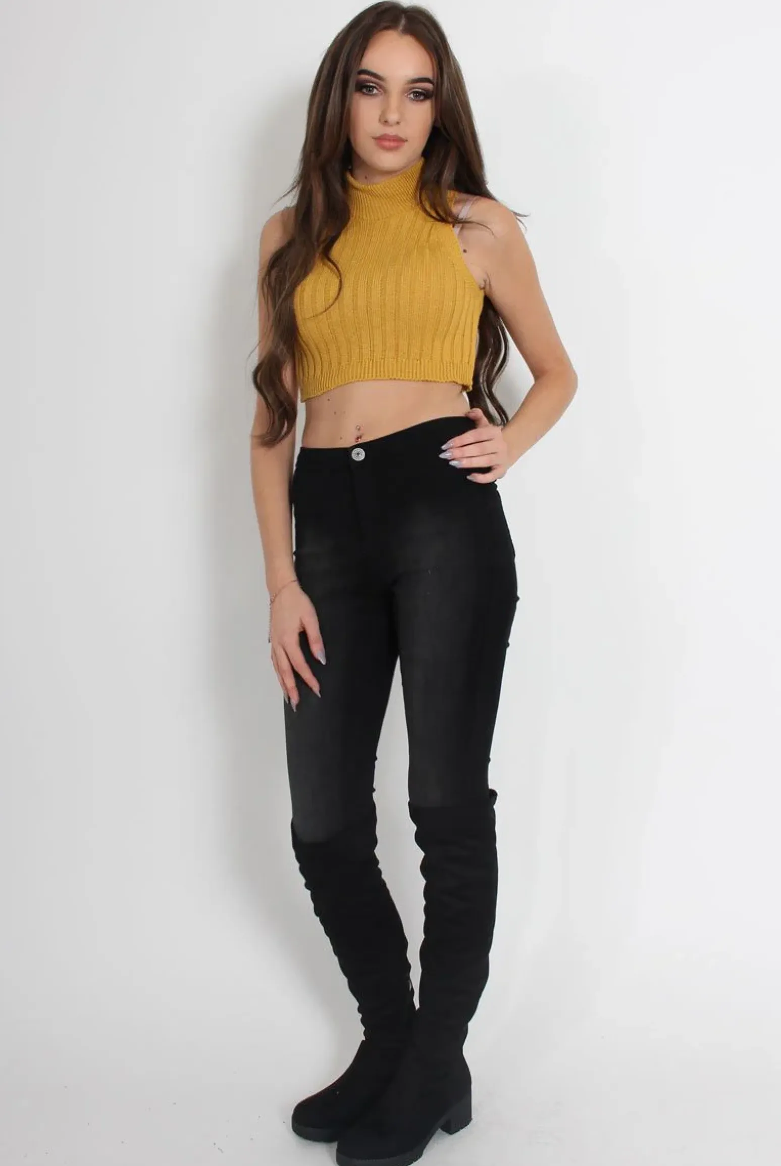 Rebellious Fashion Lucy Mustard Knitted High Neck Top