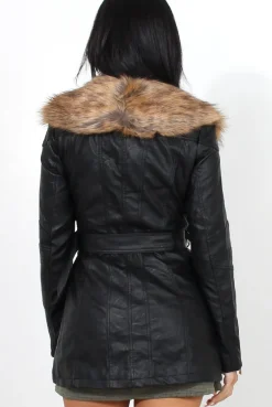 Rebellious Fashion Madi Black PU Faux Fur Belted Jacket