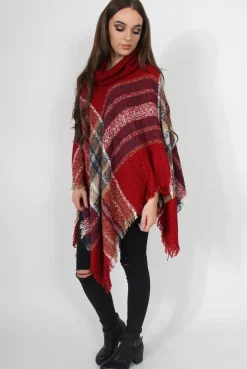 Rebellious Fashion Maria Red Knitted Roll Neck Poncho