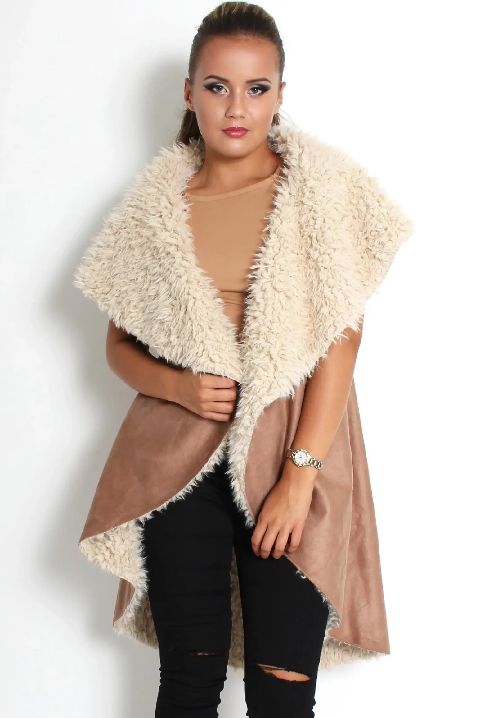 Rebellious Fashion Marissa Camel Suede Fur Lined Gillet