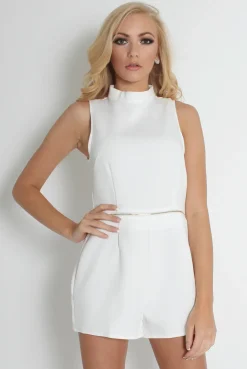 Rebellious Fashion Matilda White High Neck Playsuit