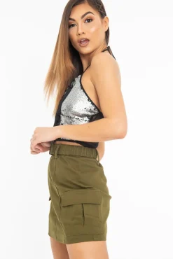 Rebellious Fashion Matte Silver Sequin Tassel Front Plunge Crop Top - Stella