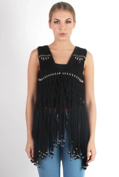 Rebellious Fashion Matti Black Sleeveless Fringe Jacket