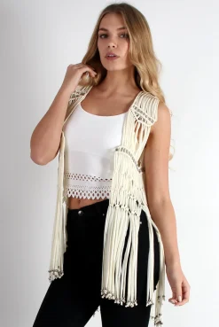 Rebellious Fashion Matti Cream Sleeveless Fringe Jacket