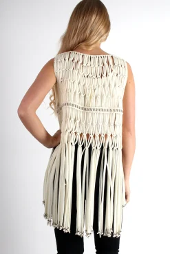 Rebellious Fashion Matti Cream Sleeveless Fringe Jacket