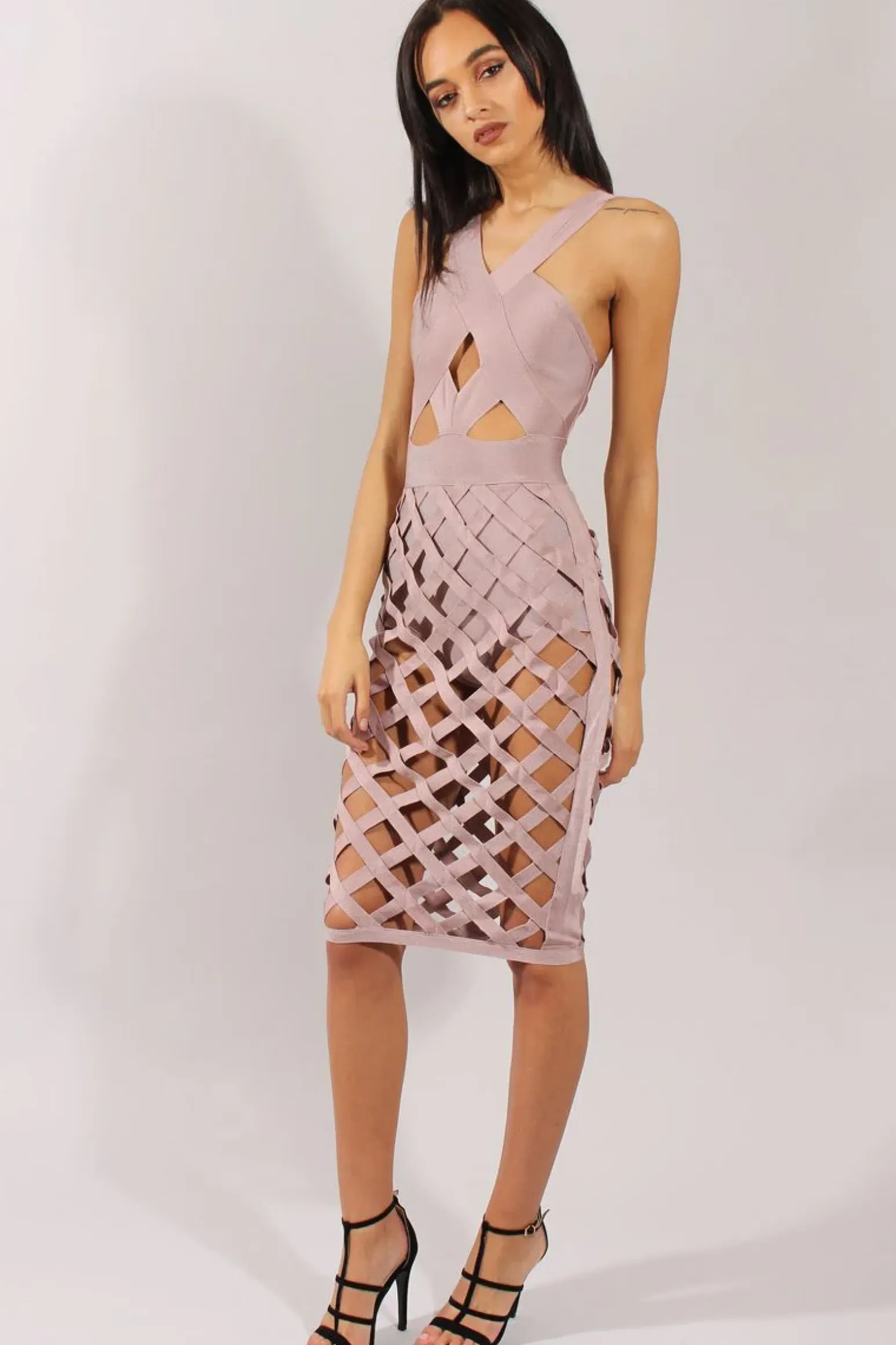 Rebellious Fashion Mauve Cage Bandage Dress - Amra