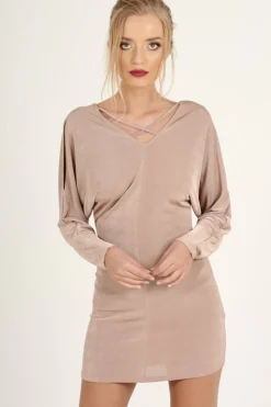 Rebellious Fashion Mauve Batwing Cold Shoulder Mini Dress - Sonia